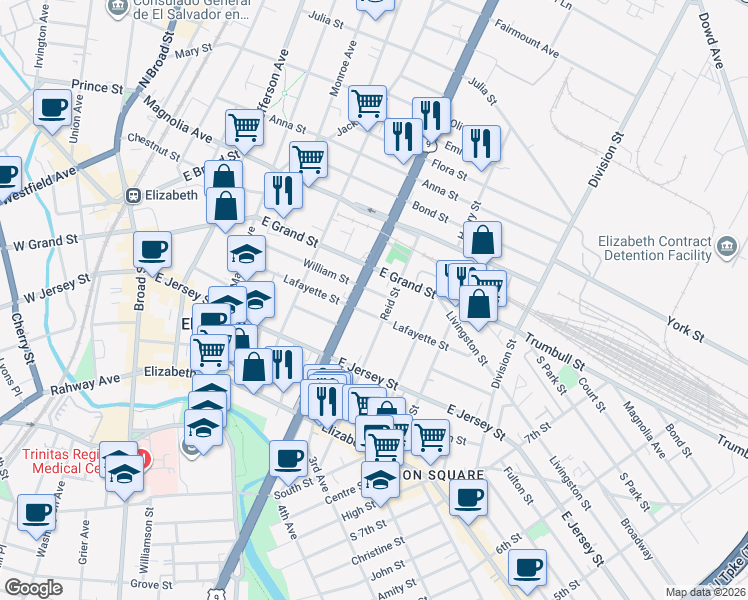 map of restaurants, bars, coffee shops, grocery stores, and more near 175 Spring Street in Elizabeth