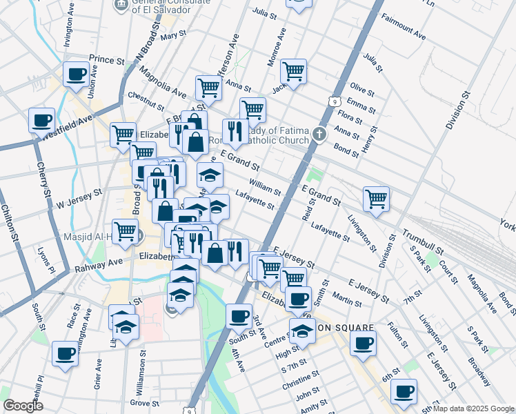 map of restaurants, bars, coffee shops, grocery stores, and more near 1045 Lafayette Street in Elizabeth