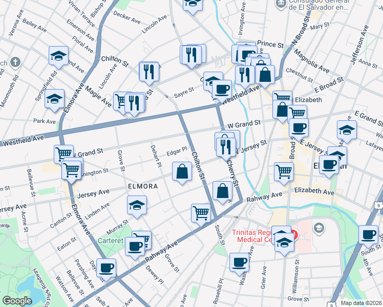 map of restaurants, bars, coffee shops, grocery stores, and more near 139 Chilton Street in Elizabeth