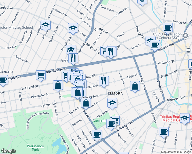 map of restaurants, bars, coffee shops, grocery stores, and more near 415 West Grand Street in Elizabeth
