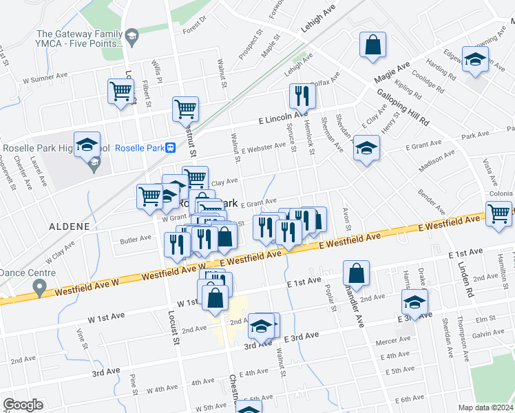 map of restaurants, bars, coffee shops, grocery stores, and more near 133 East Grant Avenue in Roselle Park