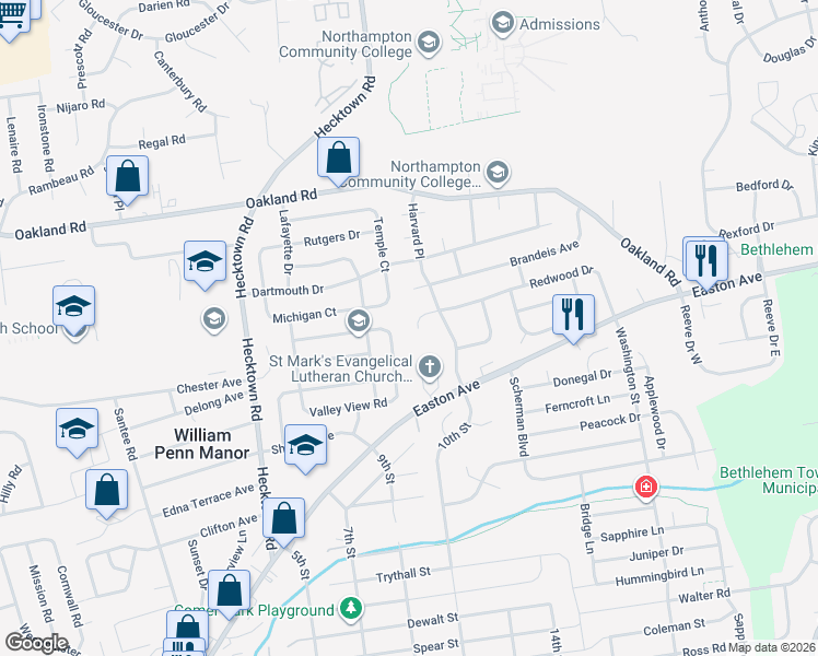 map of restaurants, bars, coffee shops, grocery stores, and more near 3340 Michigan Court in Bethlehem
