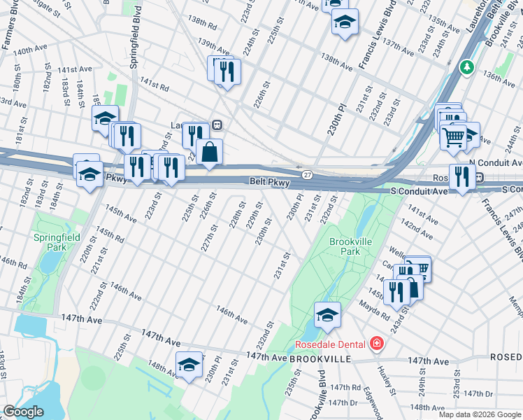 map of restaurants, bars, coffee shops, grocery stores, and more near 22814 North Conduit Avenue in Queens