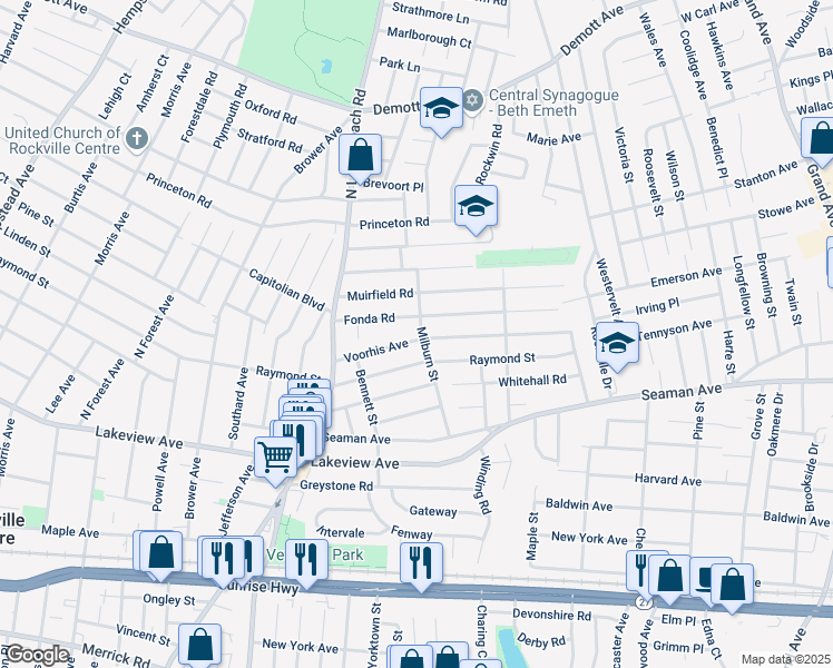 map of restaurants, bars, coffee shops, grocery stores, and more near 109 Milburn Street in Rockville Centre