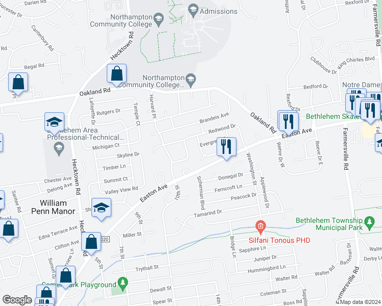 map of restaurants, bars, coffee shops, grocery stores, and more near 3860 Cypress Lane in Bethlehem