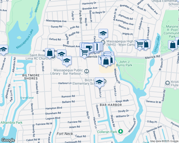 map of restaurants, bars, coffee shops, grocery stores, and more near 158 Southgate Circle in Massapequa Park