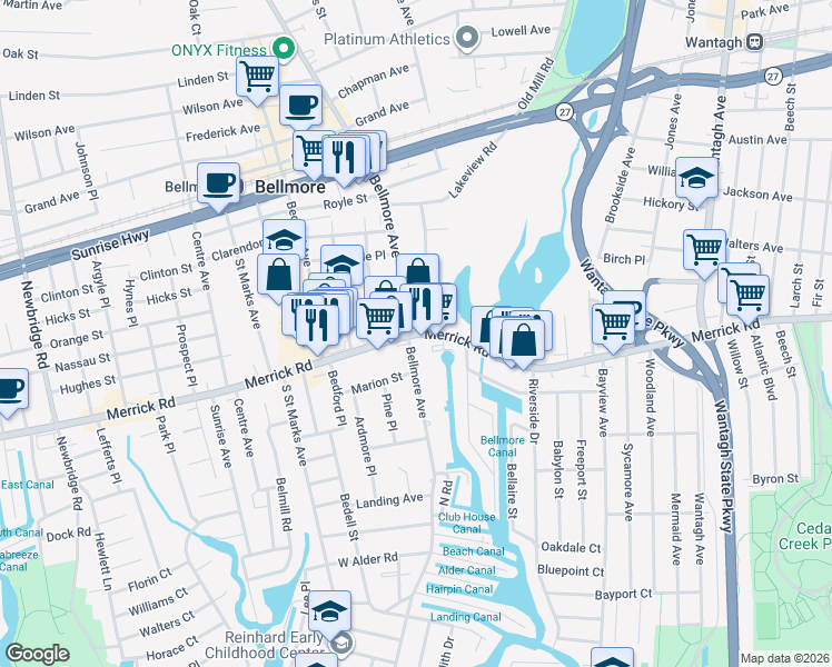 map of restaurants, bars, coffee shops, grocery stores, and more near 2807 Merrick Road in Bellmore