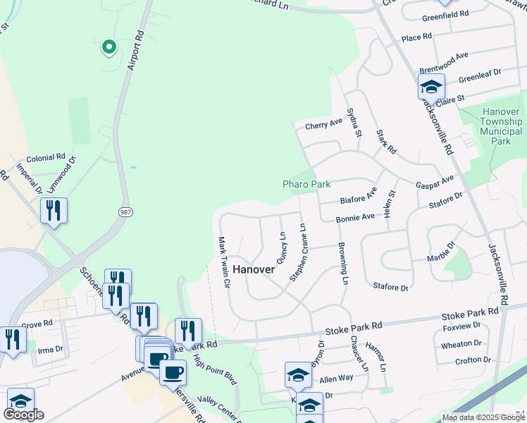 map of restaurants, bars, coffee shops, grocery stores, and more near 2110 Mark Twain Circle in Bethlehem