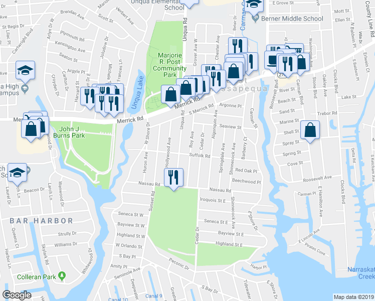 map of restaurants, bars, coffee shops, grocery stores, and more near 49 Roy Avenue in Massapequa