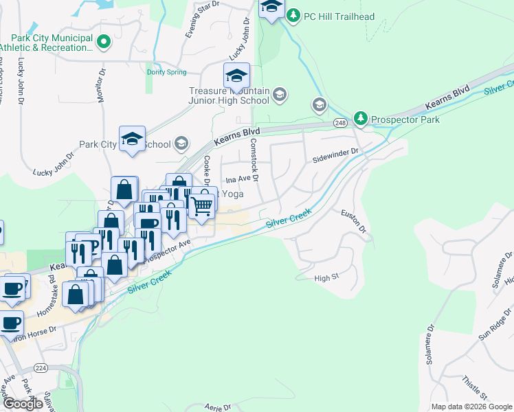 map of restaurants, bars, coffee shops, grocery stores, and more near Sidewinder Drive in Park City