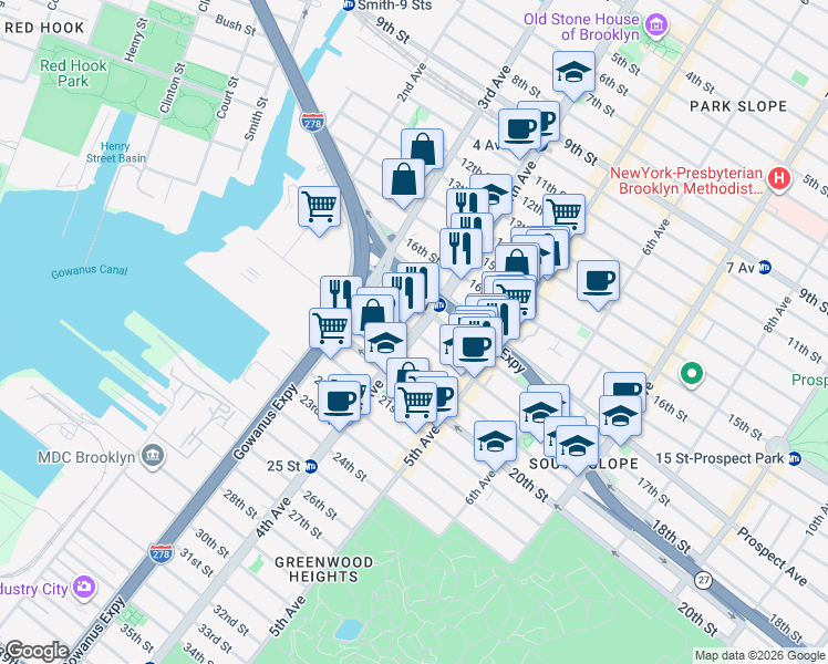 map of restaurants, bars, coffee shops, grocery stores, and more near 4th Ave & 18th St in Brooklyn