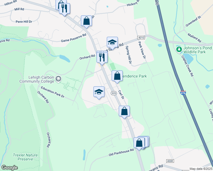 map of restaurants, bars, coffee shops, grocery stores, and more near 4426 Pennsylvania 309 in Schnecksville