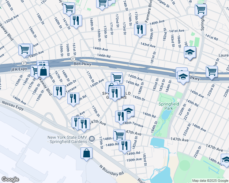 map of restaurants, bars, coffee shops, grocery stores, and more near 145 Guy R Brewer Boulevard in Queens