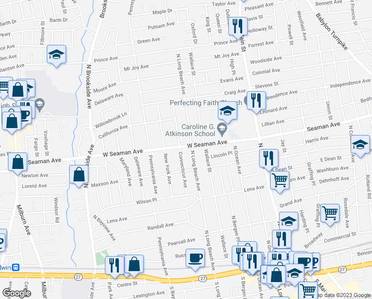 map of restaurants, bars, coffee shops, grocery stores, and more near 145 West Seaman Avenue in Freeport