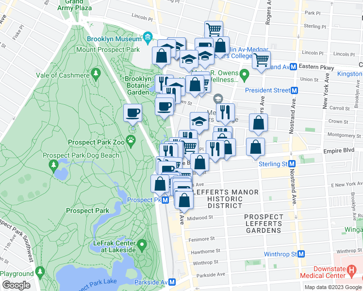 map of restaurants, bars, coffee shops, grocery stores, and more near 972 Franklin Avenue in Brooklyn