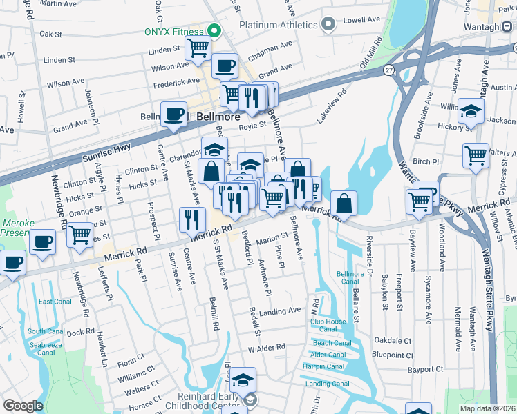 map of restaurants, bars, coffee shops, grocery stores, and more near 600 Winthrop Avenue in Bellmore