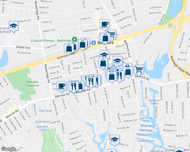 map of restaurants, bars, coffee shops, grocery stores, and more near 332 Saint Marks Avenue in Bellmore