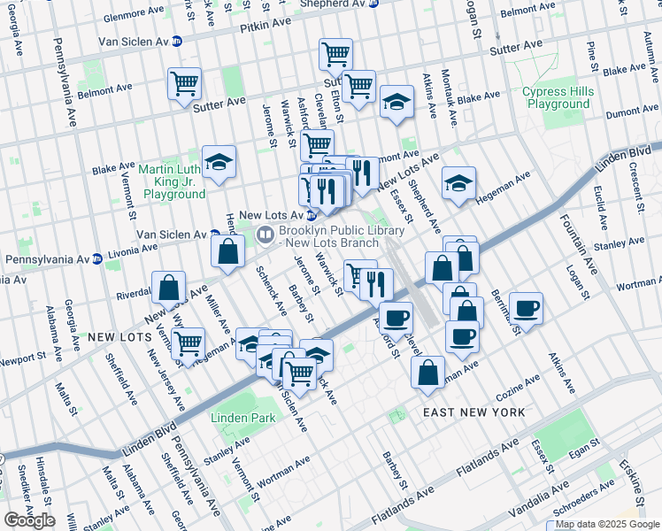 map of restaurants, bars, coffee shops, grocery stores, and more near 691 Ashford Street in Brooklyn