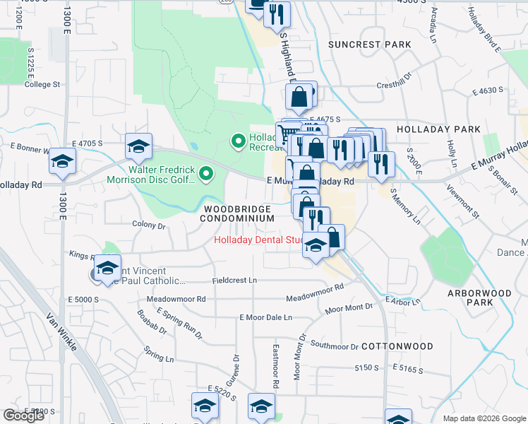 map of restaurants, bars, coffee shops, grocery stores, and more near 4847 South Woodbridge Drive in Salt Lake City