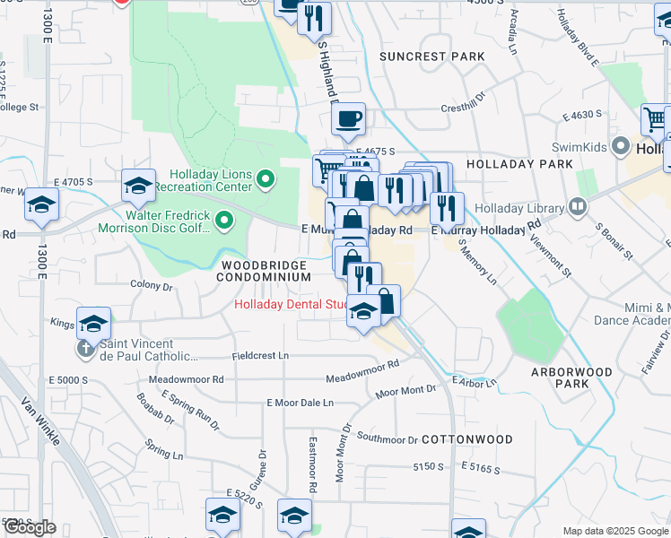 map of restaurants, bars, coffee shops, grocery stores, and more near 4832 Highland Circle in Holladay