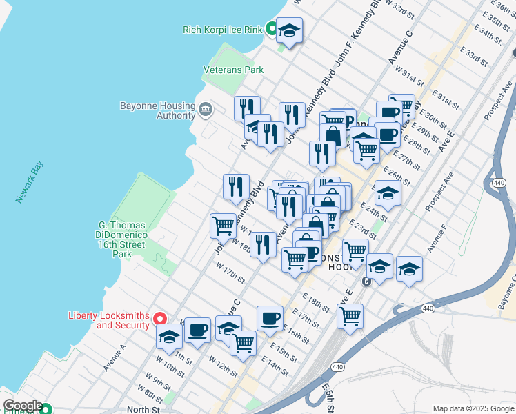 map of restaurants, bars, coffee shops, grocery stores, and more near 549 John F. Kennedy Boulevard in Bayonne