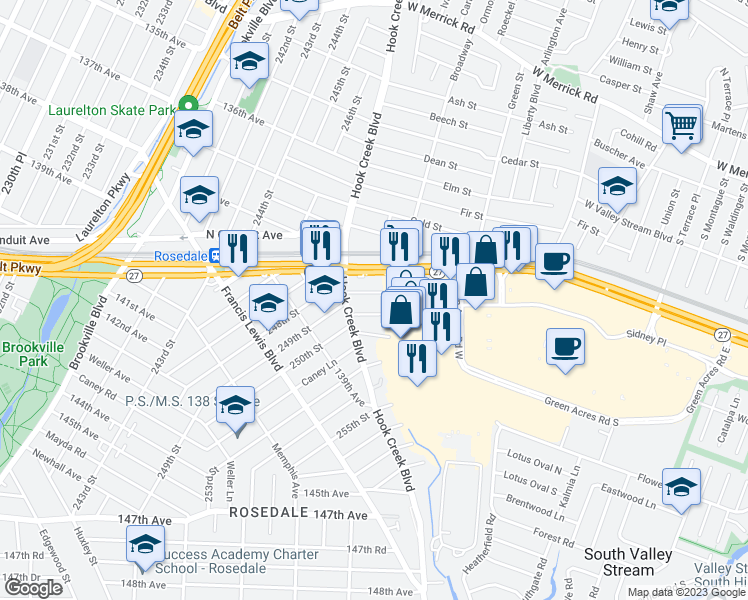 map of restaurants, bars, coffee shops, grocery stores, and more near 137-21 249th Street in Queens