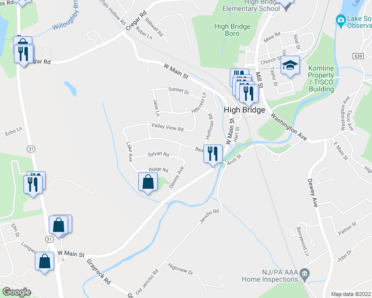 map of restaurants, bars, coffee shops, grocery stores, and more near 41 Beavers Street in High Bridge