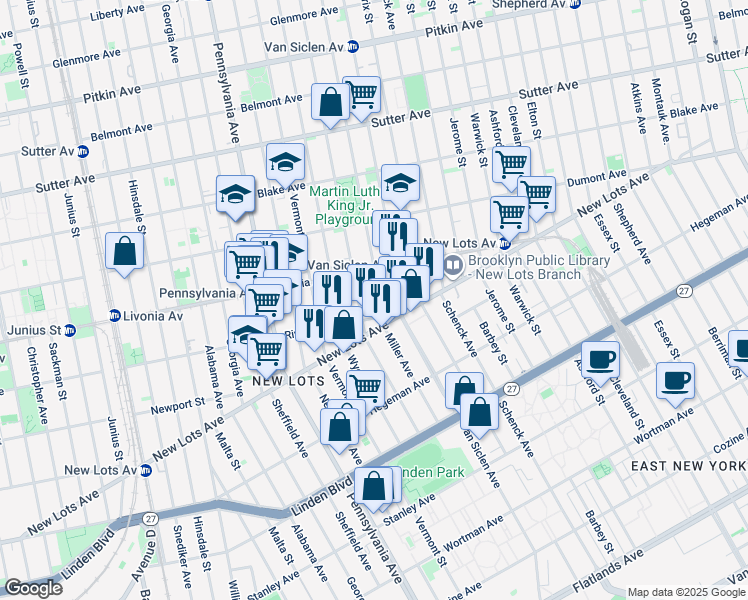map of restaurants, bars, coffee shops, grocery stores, and more near 654 Miller Avenue in Brooklyn