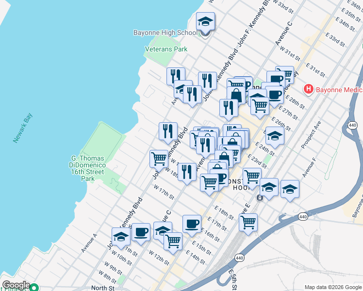 map of restaurants, bars, coffee shops, grocery stores, and more near 549 John F. Kennedy Boulevard in Bayonne