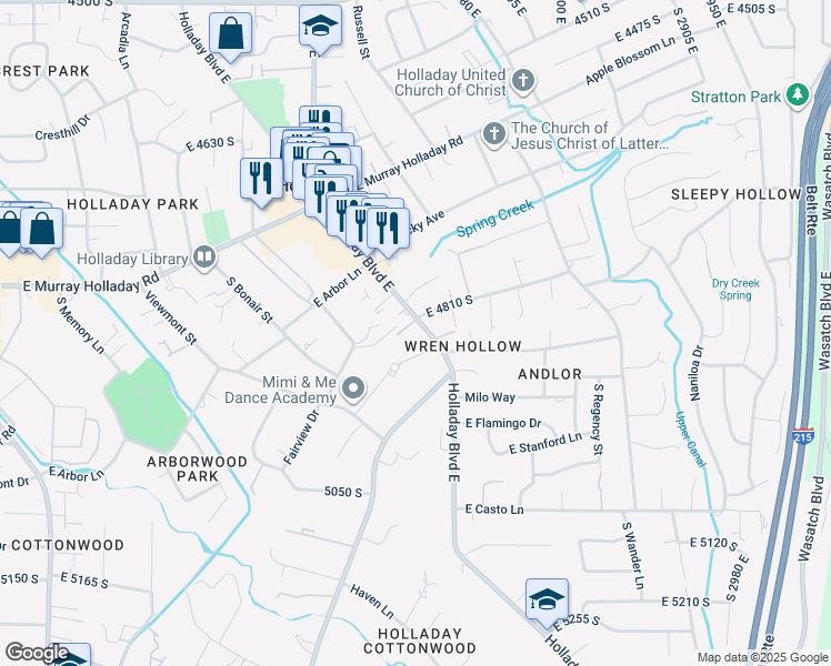 map of restaurants, bars, coffee shops, grocery stores, and more near 4824 Holladay Boulevard in Holladay