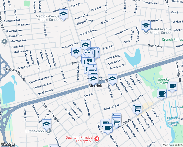 map of restaurants, bars, coffee shops, grocery stores, and more near 2165 Merrick Avenue in Merrick