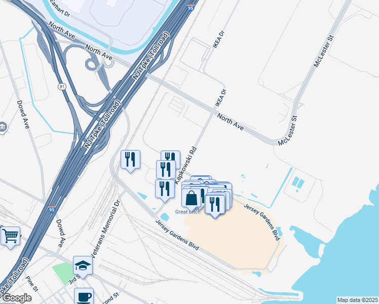 map of restaurants, bars, coffee shops, grocery stores, and more near 700 Kapkowski Road in Elizabeth
