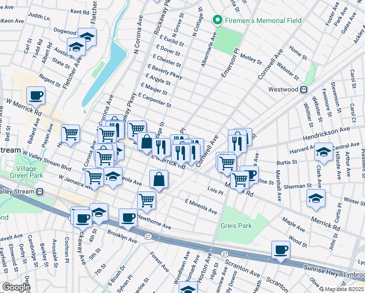 map of restaurants, bars, coffee shops, grocery stores, and more near 135 East Oxford Street in Valley Stream