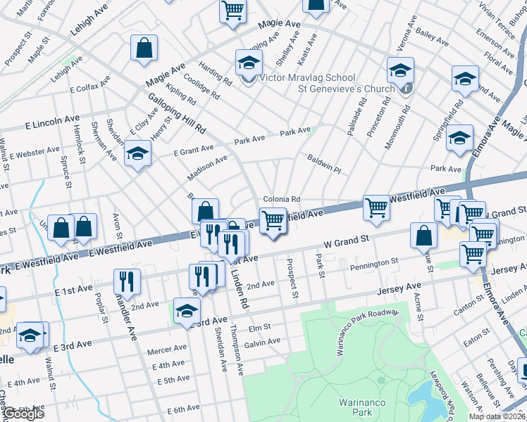 map of restaurants, bars, coffee shops, grocery stores, and more near 21 Galloping Hill Road in Elizabeth