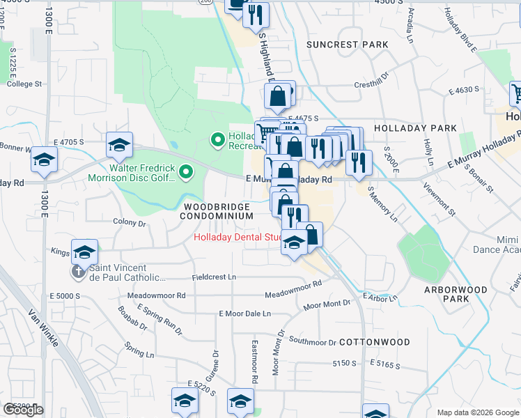 map of restaurants, bars, coffee shops, grocery stores, and more near 1762 East Murray Holladay Road in Holladay