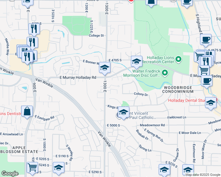 map of restaurants, bars, coffee shops, grocery stores, and more near 1319 East Foxmont Lane in Holladay