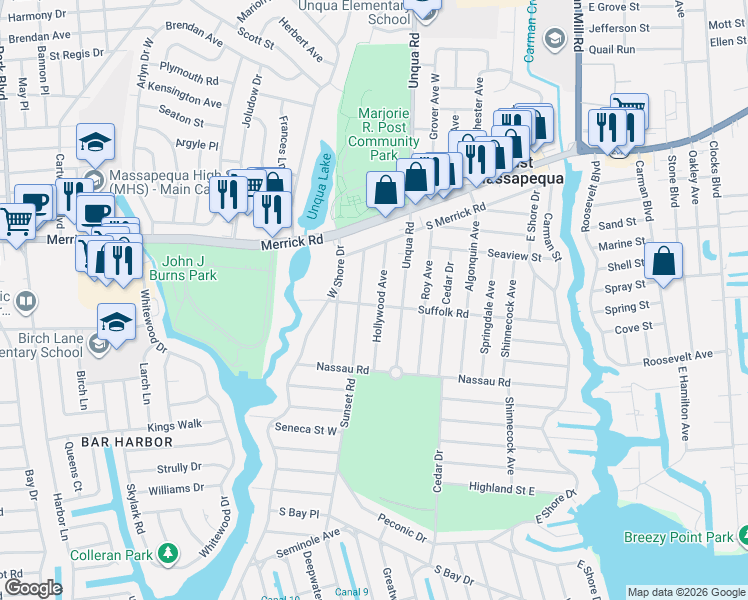 map of restaurants, bars, coffee shops, grocery stores, and more near 22 Sunset Road in Massapequa