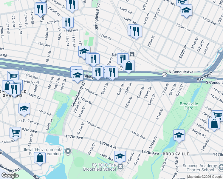 map of restaurants, bars, coffee shops, grocery stores, and more near 144-11 223rd Street in Queens