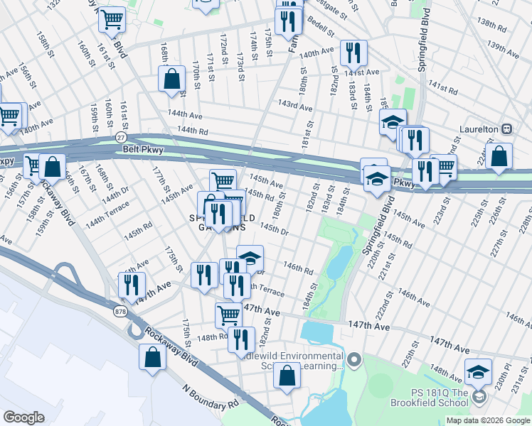 map of restaurants, bars, coffee shops, grocery stores, and more near 179-12 145th Road in Queens