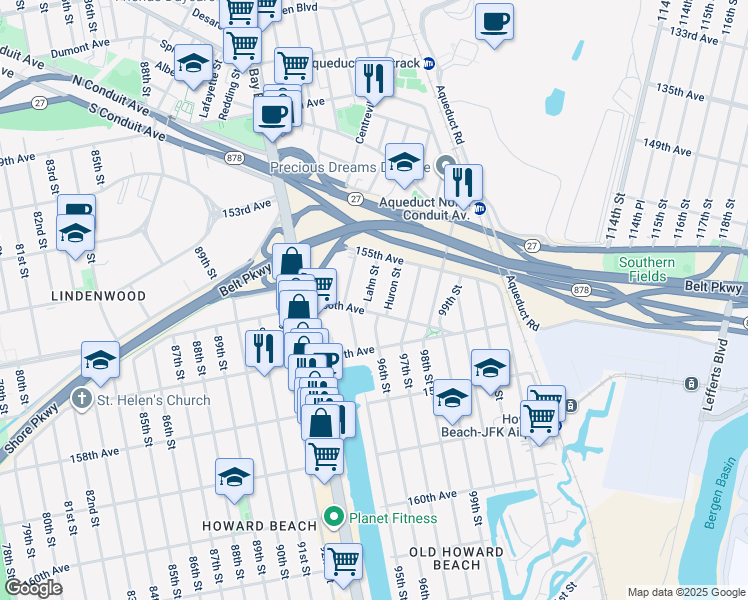 map of restaurants, bars, coffee shops, grocery stores, and more near 155-34 Huron Street in Queens
