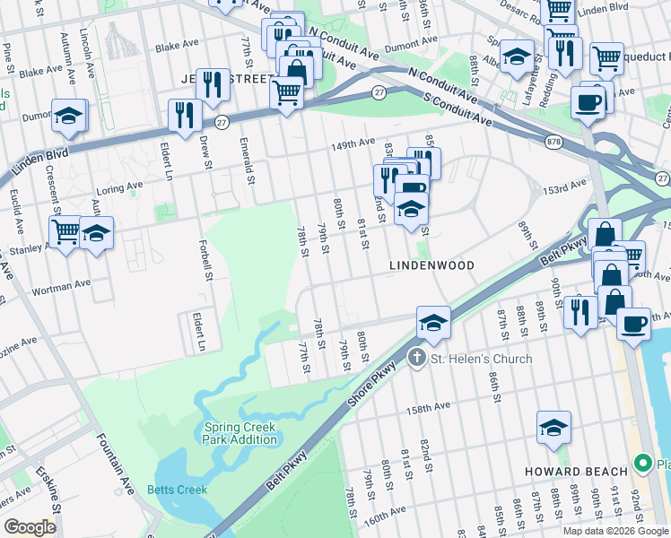 map of restaurants, bars, coffee shops, grocery stores, and more near 153-24 80th Street in Queens