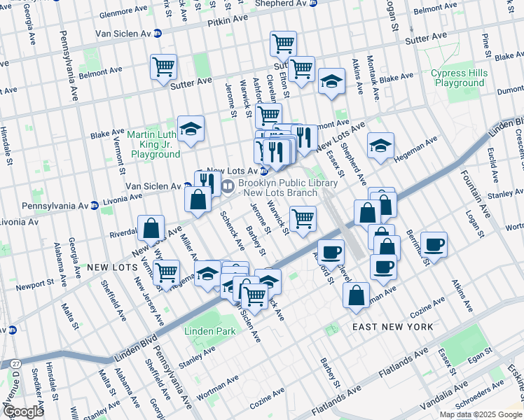 map of restaurants, bars, coffee shops, grocery stores, and more near 710 Warwick Street in Brooklyn