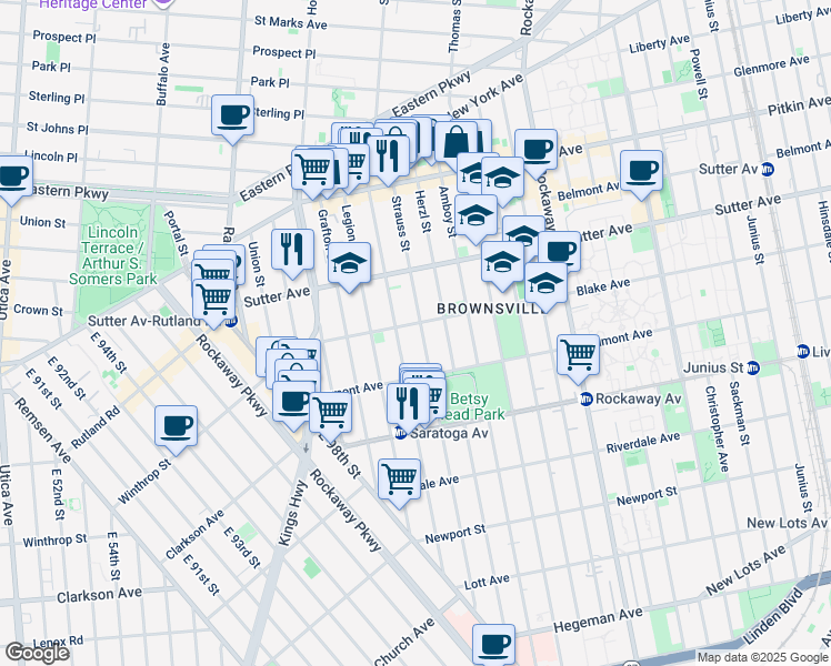map of restaurants, bars, coffee shops, grocery stores, and more near 2010 Strauss Street in Brooklyn