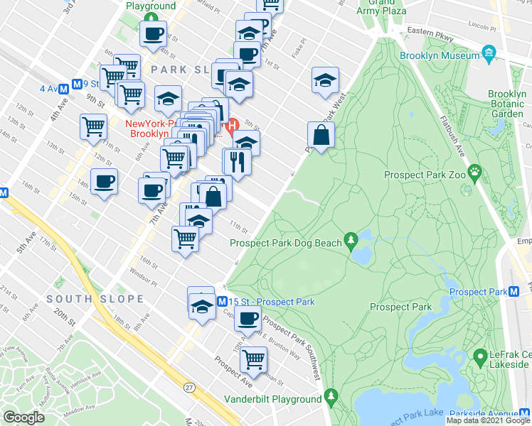 map of restaurants, bars, coffee shops, grocery stores, and more near 139 Prospect Park West in Brooklyn
