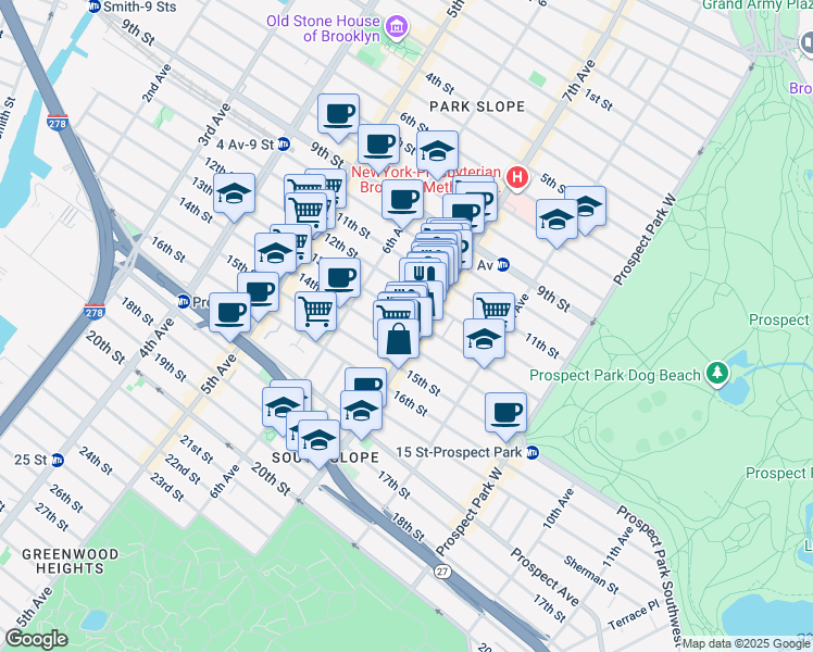 map of restaurants, bars, coffee shops, grocery stores, and more near 365 13th Street in Brooklyn