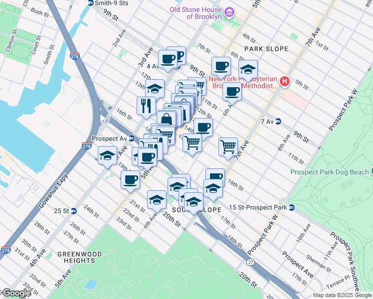 map of restaurants, bars, coffee shops, grocery stores, and more near 240 15th Street in Brooklyn