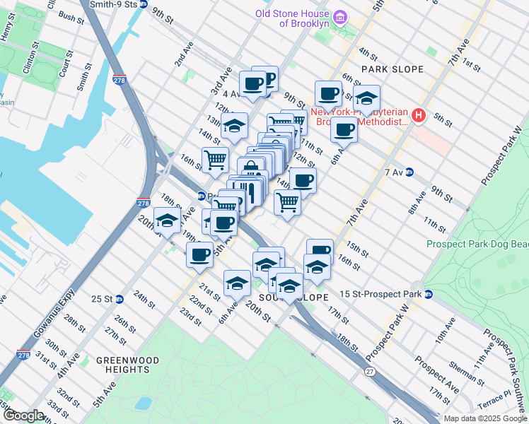map of restaurants, bars, coffee shops, grocery stores, and more near 240 15th Street in Brooklyn