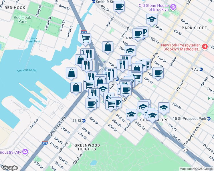 map of restaurants, bars, coffee shops, grocery stores, and more near 145 18th Street in Brooklyn