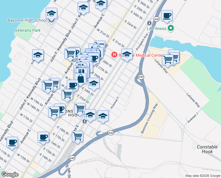 map of restaurants, bars, coffee shops, grocery stores, and more near 344A Avenue E in Bayonne