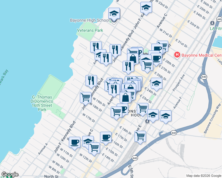 map of restaurants, bars, coffee shops, grocery stores, and more near 86 West 22nd Street in Bayonne